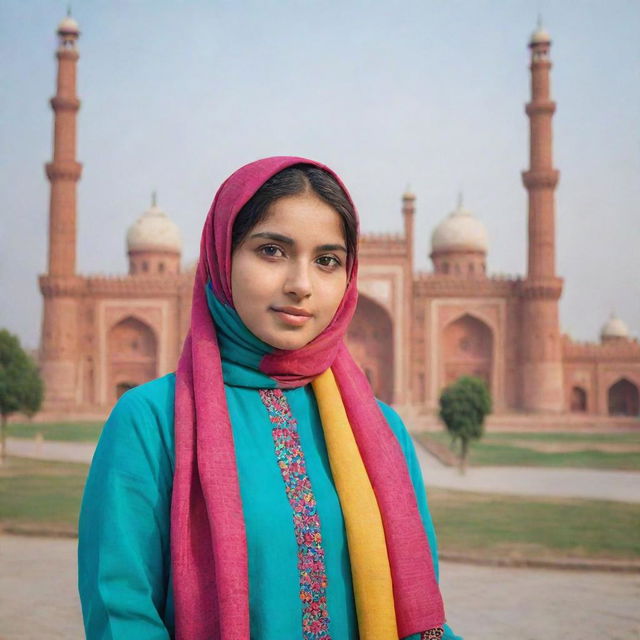 A young Pakistani girl in a vibrant colored hijab loyally standing against the backdrop of the iconic structures of Lahore city.