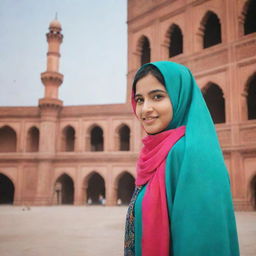 A young Pakistani girl in a vibrant colored hijab loyally standing against the backdrop of the iconic structures of Lahore city.