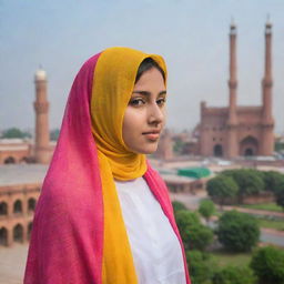 A young Pakistani girl in a vibrant colored hijab loyally standing against the backdrop of the iconic structures of Lahore city.