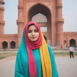 A young Pakistani girl in a vibrant colored hijab loyally standing against the backdrop of the iconic structures of Lahore city.