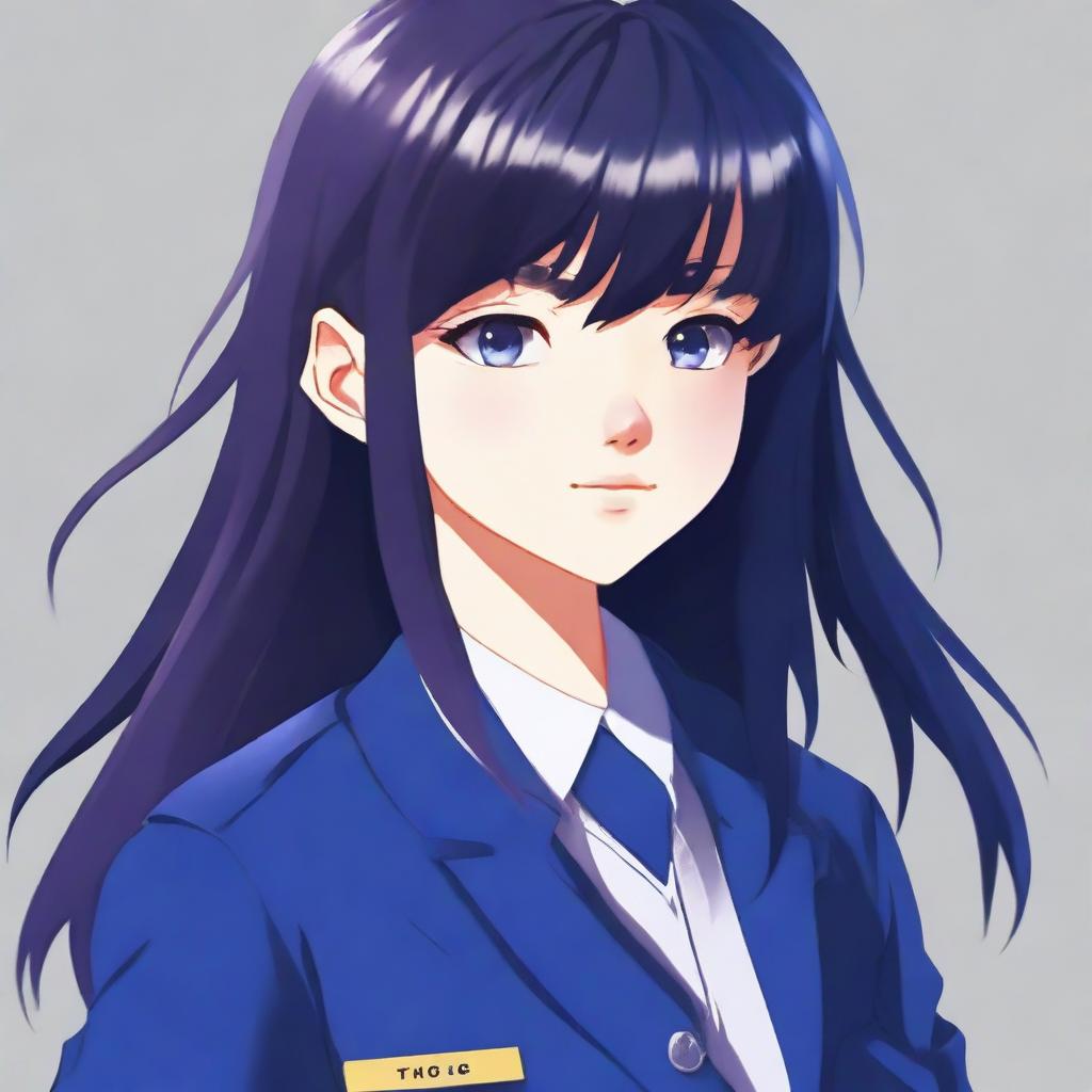 A digital art image of a teenage high school girl with medium-length black hair and dark eyes