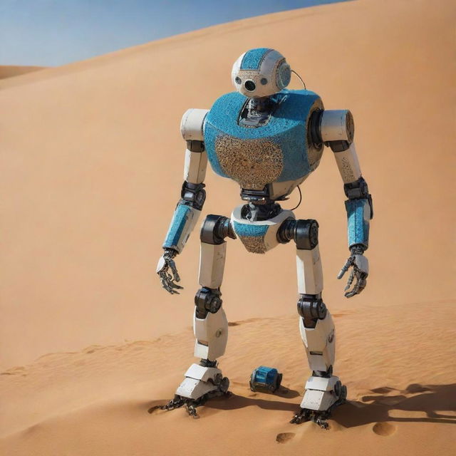 A Jaeger robot designed with inspiration from Tunisia, featuring elements from North African architecture, the sands of Sahara, and the azure coastline of the Mediterranean Sea.