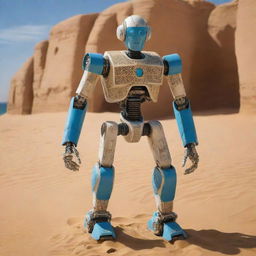 A Jaeger robot designed with inspiration from Tunisia, featuring elements from North African architecture, the sands of Sahara, and the azure coastline of the Mediterranean Sea.