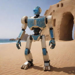 A Jaeger robot designed with inspiration from Tunisia, featuring elements from North African architecture, the sands of Sahara, and the azure coastline of the Mediterranean Sea.