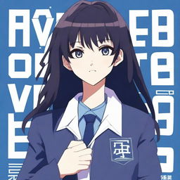 A digital art image of a medium-length black-haired, dark-eyed anime character wearing a dark blue school uniform jacket