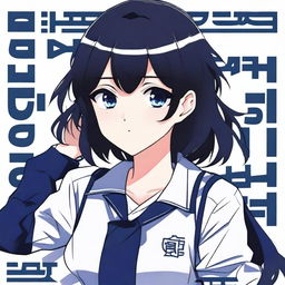 A digital art image of a medium-length black-haired, dark-eyed anime character wearing a dark blue school uniform jacket