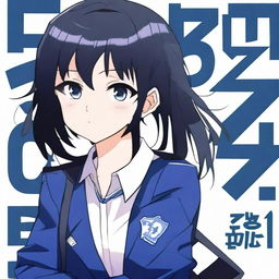 A digital art image of a medium-length black-haired, dark-eyed anime character wearing a dark blue school uniform jacket