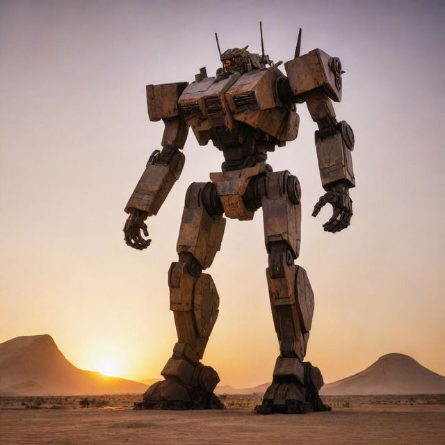 A massive Jaeger mecha standing tall in the arid landscapes of North Africa, silhouetted against a vibrant sunset,creatively suggesting desert-adapted features and designs inspired by local art and culture.