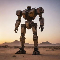 A massive Jaeger mecha standing tall in the arid landscapes of North Africa, silhouetted against a vibrant sunset,creatively suggesting desert-adapted features and designs inspired by local art and culture.