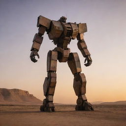 A massive Jaeger mecha standing tall in the arid landscapes of North Africa, silhouetted against a vibrant sunset,creatively suggesting desert-adapted features and designs inspired by local art and culture.