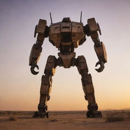 A massive Jaeger mecha standing tall in the arid landscapes of North Africa, silhouetted against a vibrant sunset,creatively suggesting desert-adapted features and designs inspired by local art and culture.