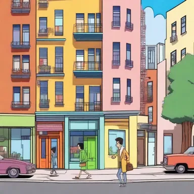 In the animated sitcom, the main character resides in a colorful efficiency apartment in the heart of the bustling city.