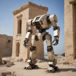 A detailed and imposing Jaeger mech in the rich, historic settings of Tunisia, incorporating elements from local architecture and culture, set against the backdrop of ancient ruins or picturesque Tunisian scenery.