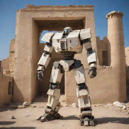 A detailed and imposing Jaeger mech in the rich, historic settings of Tunisia, incorporating elements from local architecture and culture, set against the backdrop of ancient ruins or picturesque Tunisian scenery.