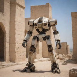 A detailed and imposing Jaeger mech in the rich, historic settings of Tunisia, incorporating elements from local architecture and culture, set against the backdrop of ancient ruins or picturesque Tunisian scenery.