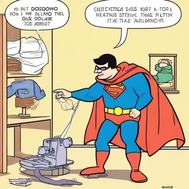 In the comic strip, the character demonstrated how to sew a hemming-stitch to repair their torn superhero costume.