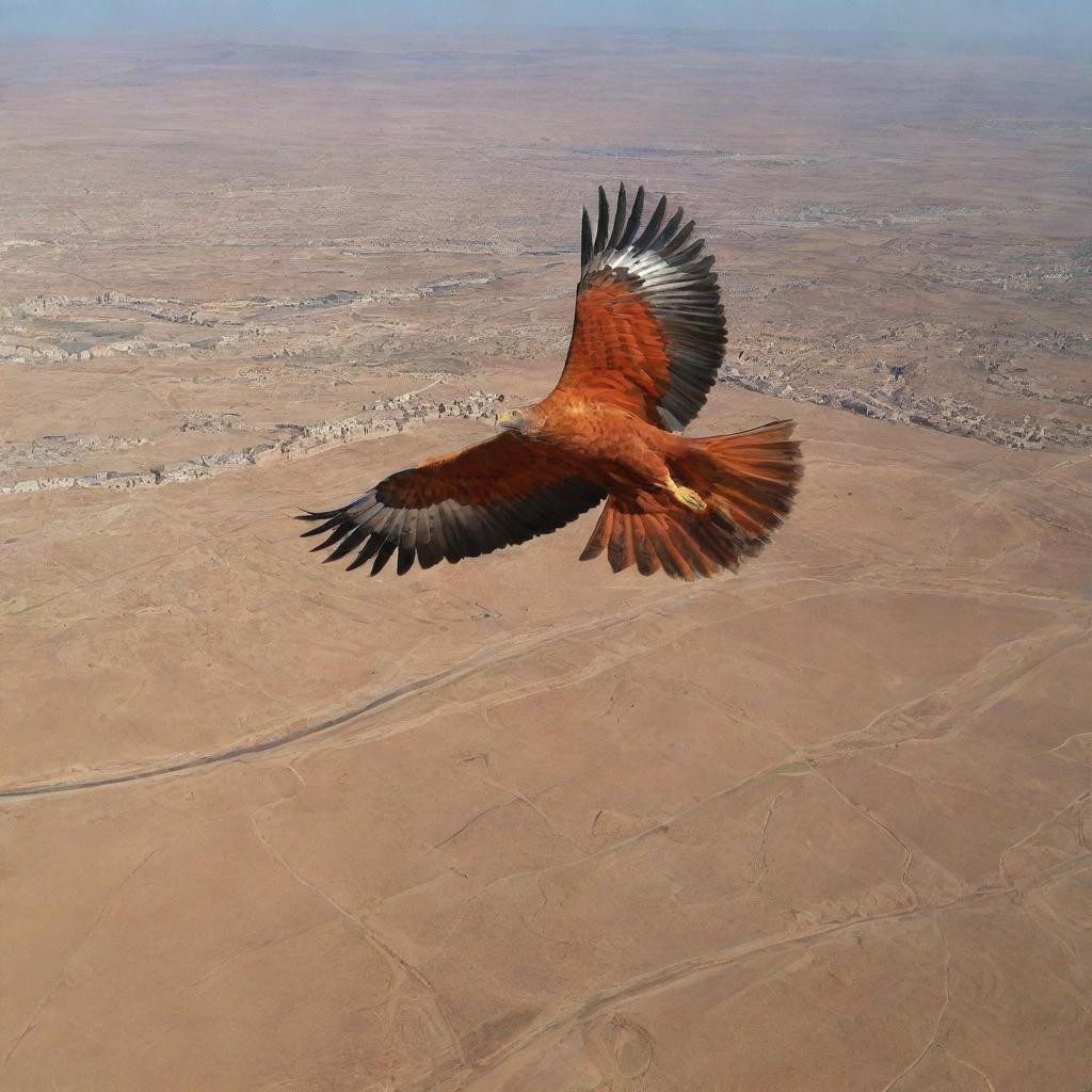 An aerial shot of Tunisia artistically transformed into a majestic red eagle soaring across its landscapes, using a mix of natural and cultural elements to form the features of the bird.