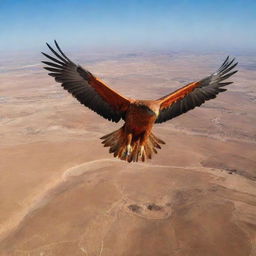 An aerial shot of Tunisia artistically transformed into a majestic red eagle soaring across its landscapes, using a mix of natural and cultural elements to form the features of the bird.