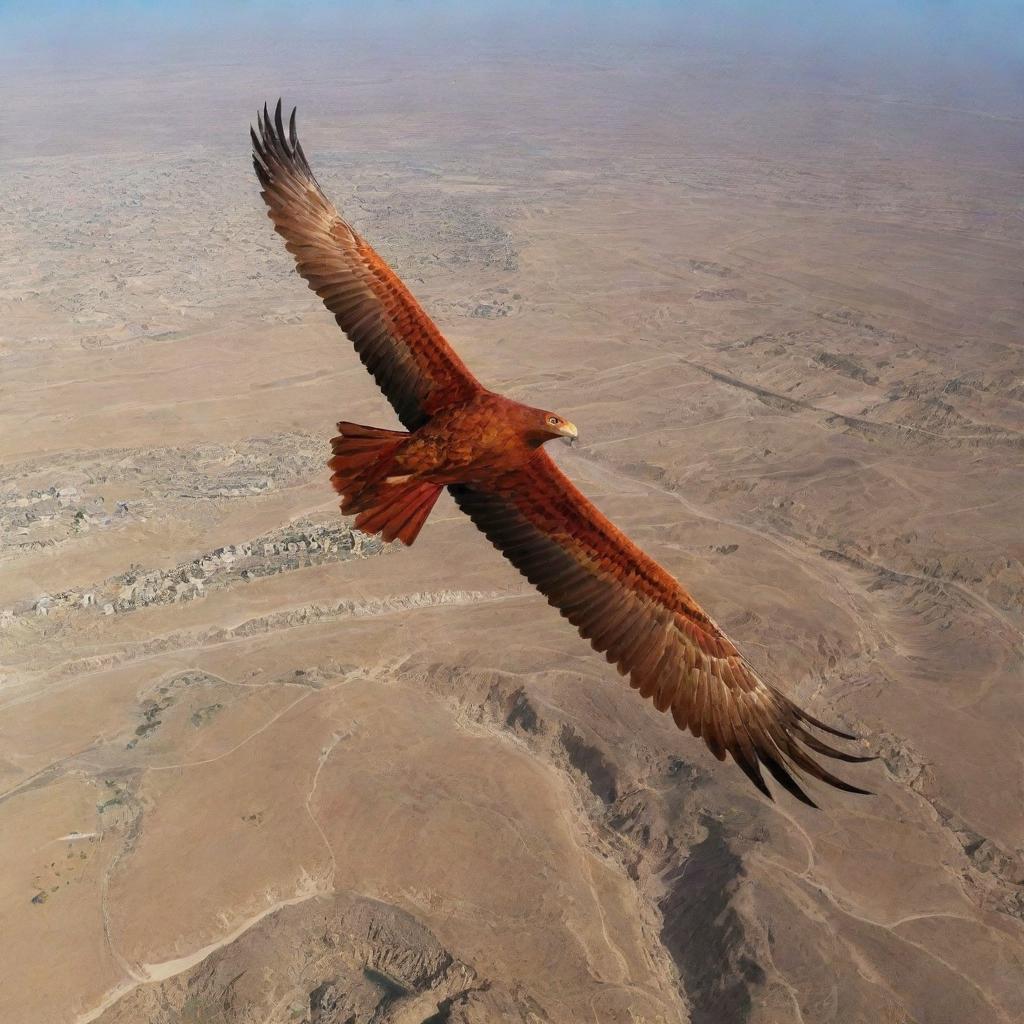 An aerial shot of Tunisia artistically transformed into a majestic red eagle soaring across its landscapes, using a mix of natural and cultural elements to form the features of the bird.