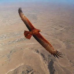 An aerial shot of Tunisia artistically transformed into a majestic red eagle soaring across its landscapes, using a mix of natural and cultural elements to form the features of the bird.