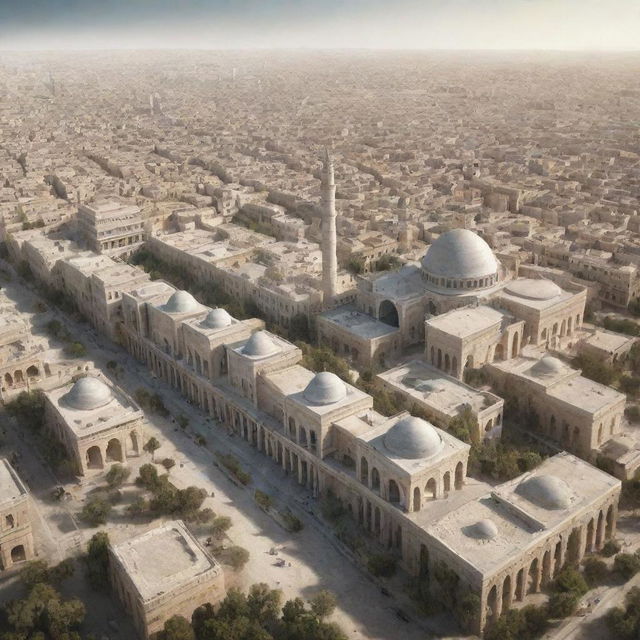 Futuristic vision of Tunisia, 100 years from now, showcasing advanced urban cityscapes intertwining with preserved ancient architecture, along with elements of technology, flora and cultures evolved with time.