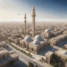 Futuristic vision of Tunisia, 100 years from now, showcasing advanced urban cityscapes intertwining with preserved ancient architecture, along with elements of technology, flora and cultures evolved with time.