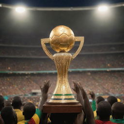 A highly detailed representation of the Africa Cup (Coupe d'Afrique) trophy, glinting in the shine of stadium lights, surrounded by a vibrant, bustling crowd of enthusiastic football fans.