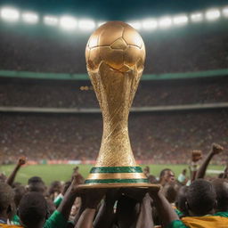 A highly detailed representation of the Africa Cup (Coupe d'Afrique) trophy, glinting in the shine of stadium lights, surrounded by a vibrant, bustling crowd of enthusiastic football fans.