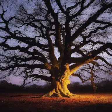 The eerie glow of the full moon cast shadows on the mossycup oak, enhancing the horror movie scene.
