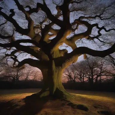 The eerie glow of the full moon cast shadows on the mossycup oak, enhancing the horror movie scene.