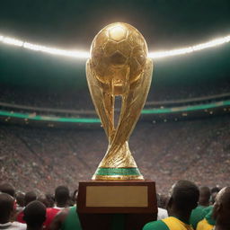 A highly detailed representation of the Africa Cup (Coupe d'Afrique) trophy, glinting in the shine of stadium lights, surrounded by a vibrant, bustling crowd of enthusiastic football fans.