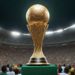 A highly detailed representation of the Africa Cup (Coupe d'Afrique) trophy, glinting in the shine of stadium lights, surrounded by a vibrant, bustling crowd of enthusiastic football fans.