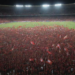 A vivid image depicting Tunisia's triumph at the Africa Cup (Coupe d'Afrique) with ecstatic crowds, players celebrating on the pitch under stadium lights, and the Tunisian flag waving high amongst other African nations' flags.