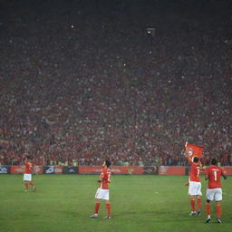 A vivid image depicting Tunisia's triumph at the Africa Cup (Coupe d'Afrique) with ecstatic crowds, players celebrating on the pitch under stadium lights, and the Tunisian flag waving high amongst other African nations' flags.