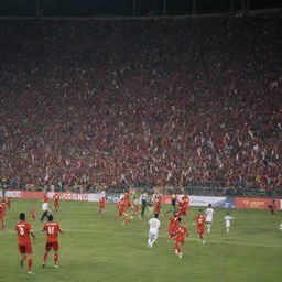 A vivid image depicting Tunisia's triumph at the Africa Cup (Coupe d'Afrique) with ecstatic crowds, players celebrating on the pitch under stadium lights, and the Tunisian flag waving high amongst other African nations' flags.