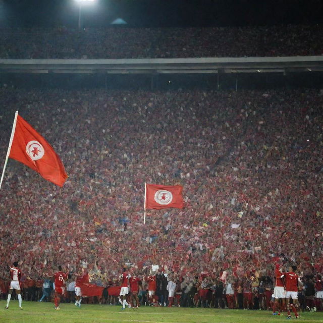 A vivid image depicting Tunisia's triumph at the Africa Cup (Coupe d'Afrique) with ecstatic crowds, players celebrating on the pitch under stadium lights, and the Tunisian flag waving high amongst other African nations' flags.