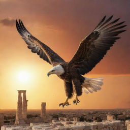 A depiction of a majestic, powerful eagle soaring high above the historic remnants of Carthage, Tunisia. The bird symbolizes strength and freedom, and the setting sun bathes the scene in warm hues.