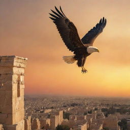 A depiction of a majestic, powerful eagle soaring high above the historic remnants of Carthage, Tunisia. The bird symbolizes strength and freedom, and the setting sun bathes the scene in warm hues.