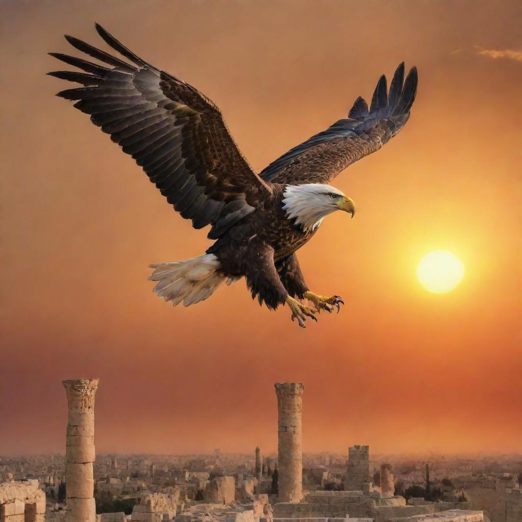 A depiction of a majestic, powerful eagle soaring high above the historic remnants of Carthage, Tunisia. The bird symbolizes strength and freedom, and the setting sun bathes the scene in warm hues.