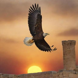 A depiction of a majestic, powerful eagle soaring high above the historic remnants of Carthage, Tunisia. The bird symbolizes strength and freedom, and the setting sun bathes the scene in warm hues.