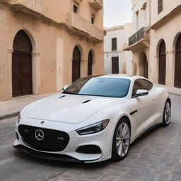 A sleek, high-performance car representing Tunisia, its design drawing inspiration from Tunisia’s culture, history, landscapes and architectural patterns, cruising down the picturesque streets of a Tunisian city.