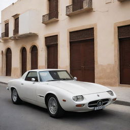 A sleek, high-performance car representing Tunisia, its design drawing inspiration from Tunisia’s culture, history, landscapes and architectural patterns, cruising down the picturesque streets of a Tunisian city.