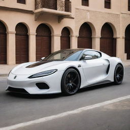 A sleek, high-performance car representing Tunisia, its design drawing inspiration from Tunisia’s culture, history, landscapes and architectural patterns, cruising down the picturesque streets of a Tunisian city.