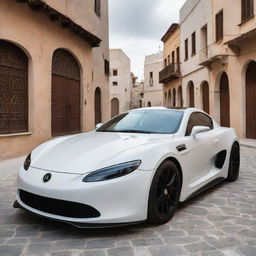 A sleek, high-performance car representing Tunisia, its design drawing inspiration from Tunisia’s culture, history, landscapes and architectural patterns, cruising down the picturesque streets of a Tunisian city.