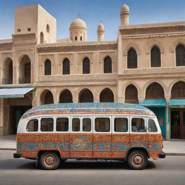 A whimsical representation of Tunisia as a charming, old-world style bus, adorned with varied designs inspired by rich Tunisian culture, pausing in front of a historic site or bustling bazaar.