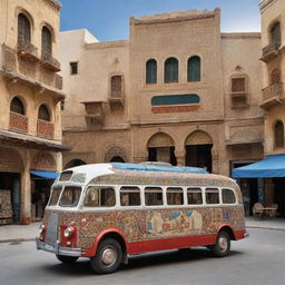 A whimsical representation of Tunisia as a charming, old-world style bus, adorned with varied designs inspired by rich Tunisian culture, pausing in front of a historic site or bustling bazaar.