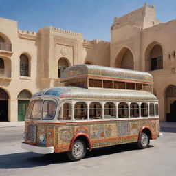 A whimsical representation of Tunisia as a charming, old-world style bus, adorned with varied designs inspired by rich Tunisian culture, pausing in front of a historic site or bustling bazaar.