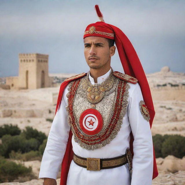 A dignified soldier embodying the spirit of Tunisia, attire adorned with elements symbolic of Tunisian culture, history and landscapes, standing resiliently against a backdrop of the country's treasured landmarks.