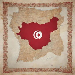 A unique, symbolic representation of Tunisia as a powerful, traditional weapon, with design elements inspired by the rich tapestry of its history, culture, and landmarks, gloriously standing on a map of Tunisia.