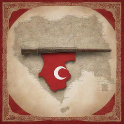 A unique, symbolic representation of Tunisia as a powerful, traditional weapon, with design elements inspired by the rich tapestry of its history, culture, and landmarks, gloriously standing on a map of Tunisia.